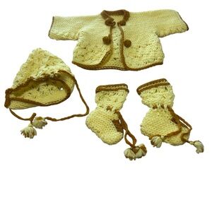 Handmade Yellow Crochet Baby Matching Set with Brown Trim